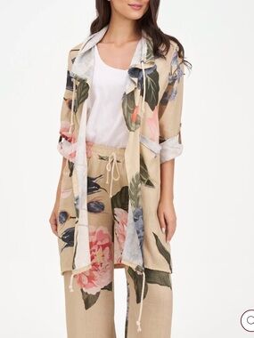 Beige Floral Lightweight Linen blend Duster Made in Italy